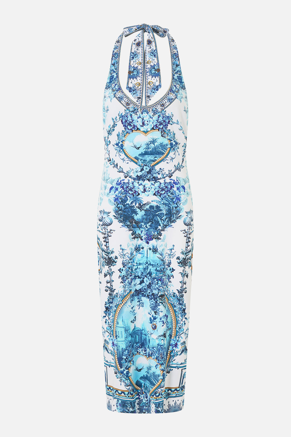 The CAMILLA Jersey Halter Dress The Porcelain Parlour in our The Porcelain Parlour print.