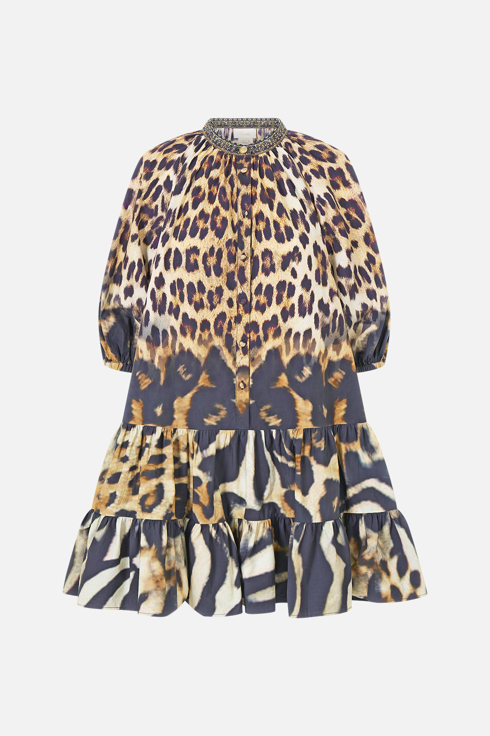 The CAMILLA Puff Sleeve Shirt Dress Leotigra Land in our Leotigra Land print.