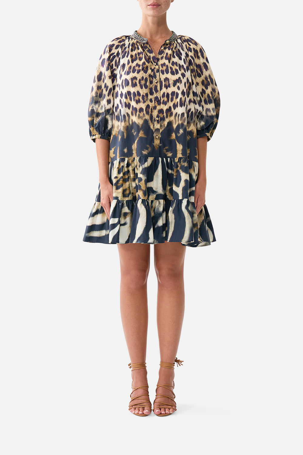 The CAMILLA Puff Sleeve Shirt Dress Leotigra Land in our Leotigra Land print.