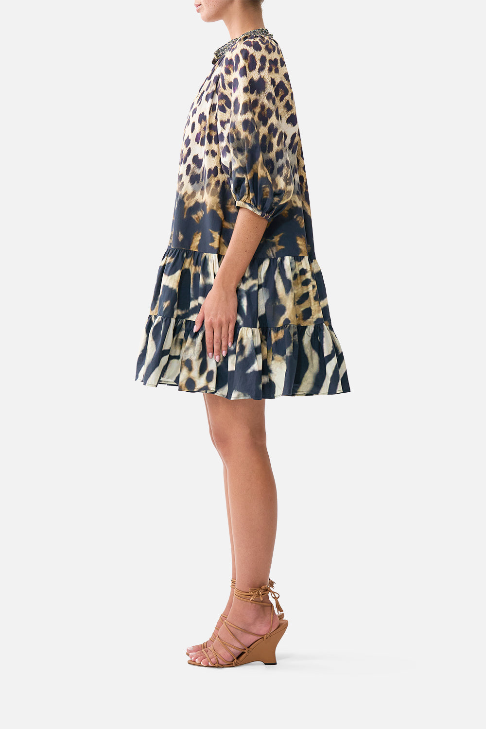 The CAMILLA Puff Sleeve Shirt Dress Leotigra Land in our Leotigra Land print.