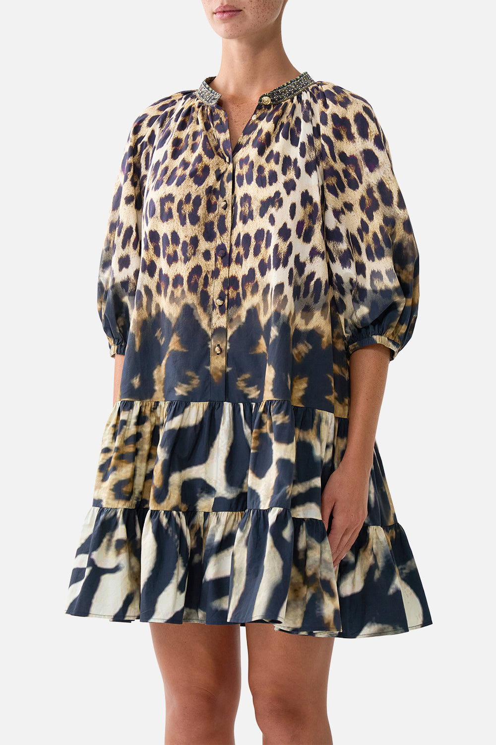 The CAMILLA Puff Sleeve Shirt Dress Leotigra Land in our Leotigra Land print.