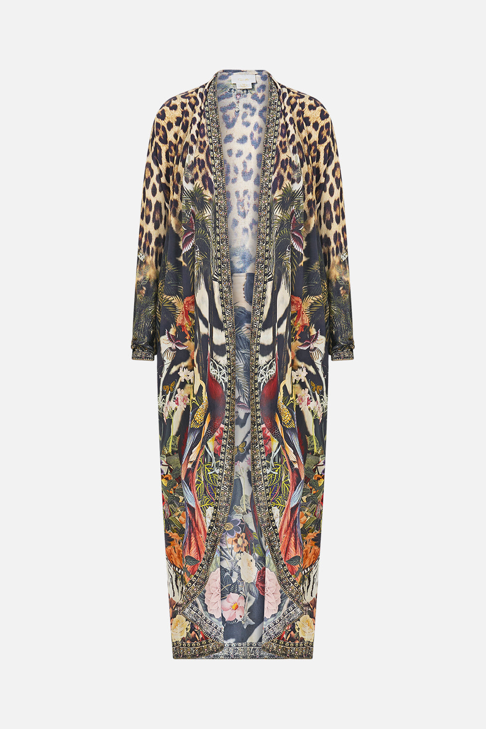 The CAMILLA Long Casual Jacket with Pockets in our Leotigra Land print, front view.