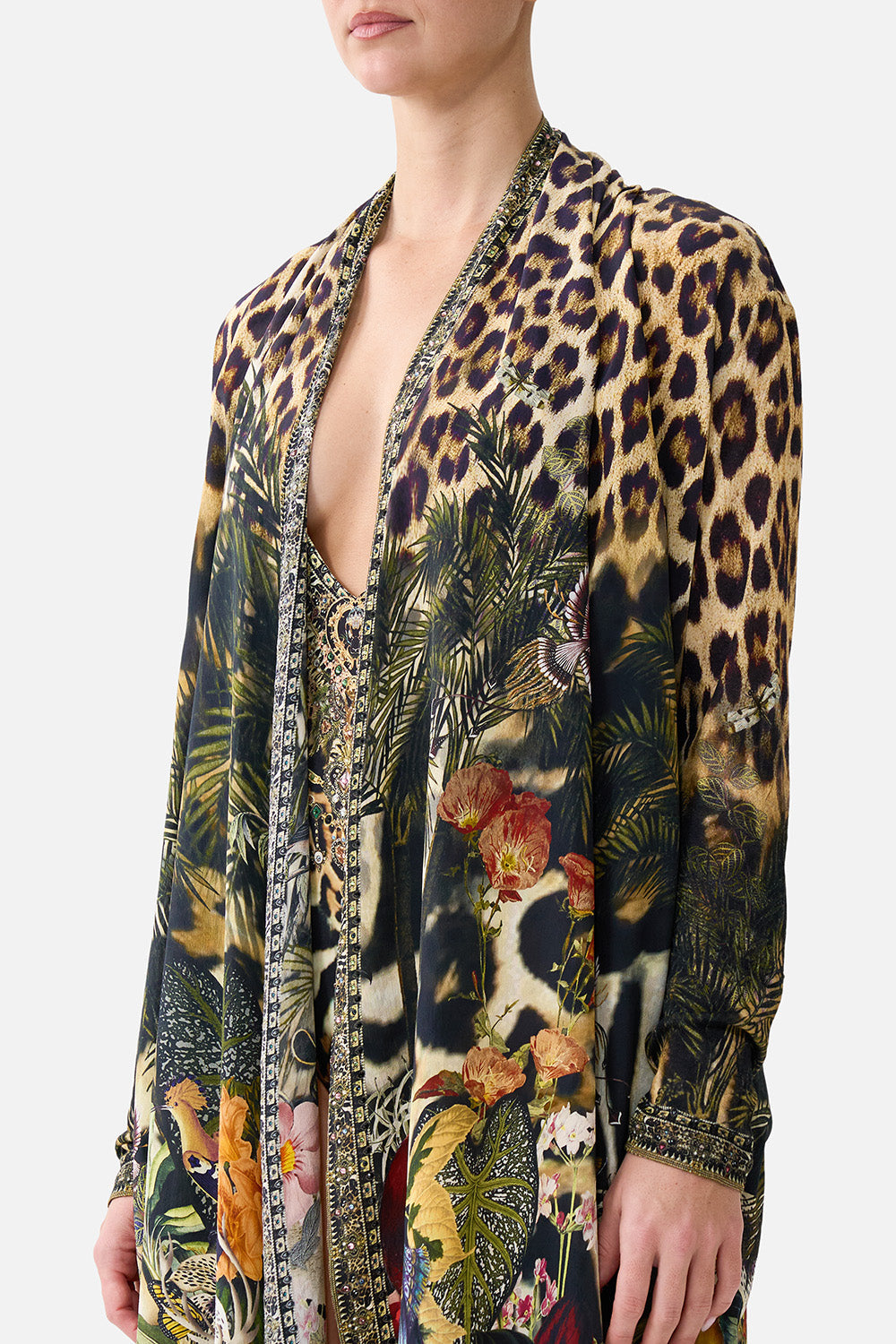 The CAMILLA Long Casual Jacket with Pockets in our Leotigra Land print, detail view on model.