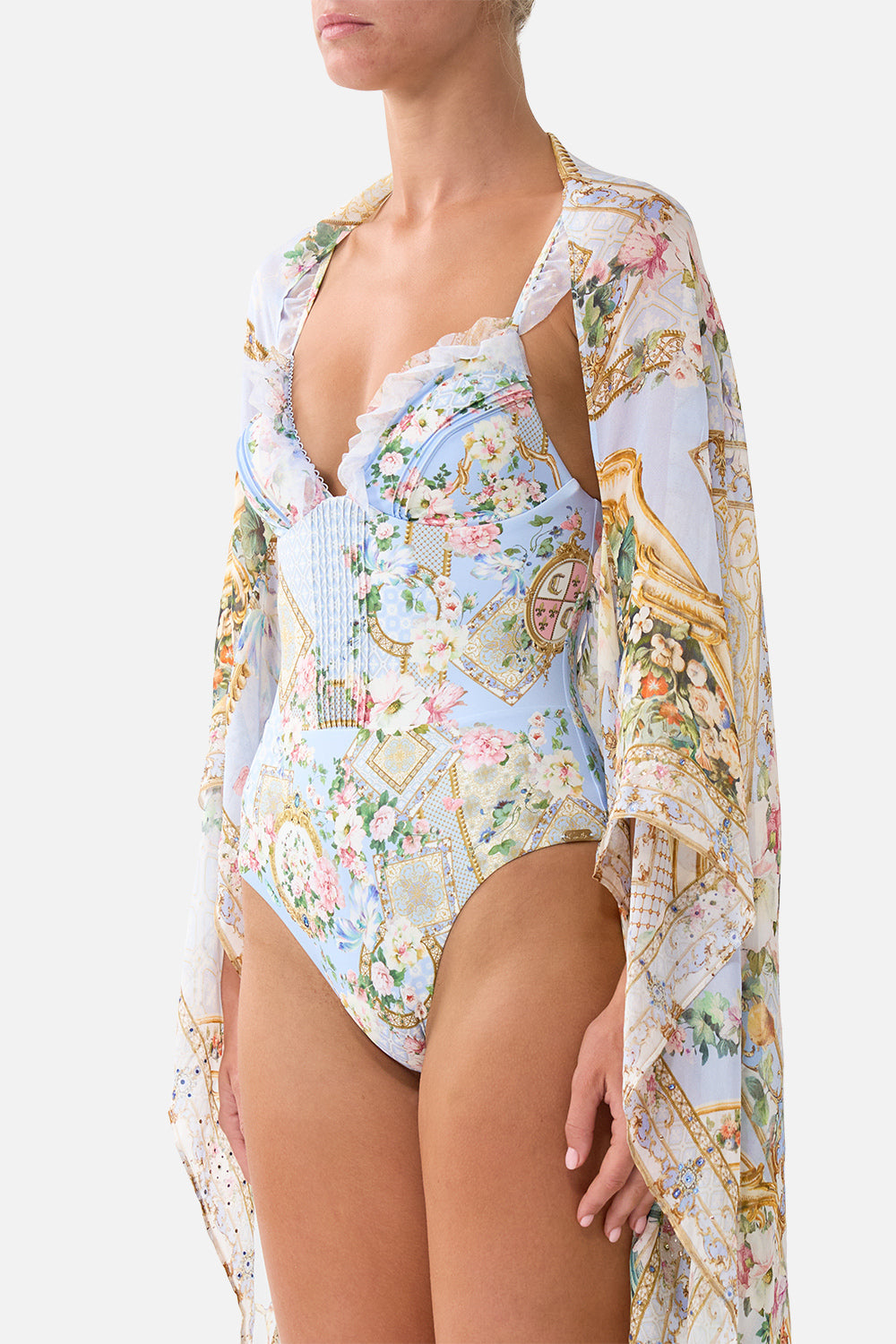 The CAMILLA Silk Chiffon Shrug Sisi Society in our Sisi Society print.