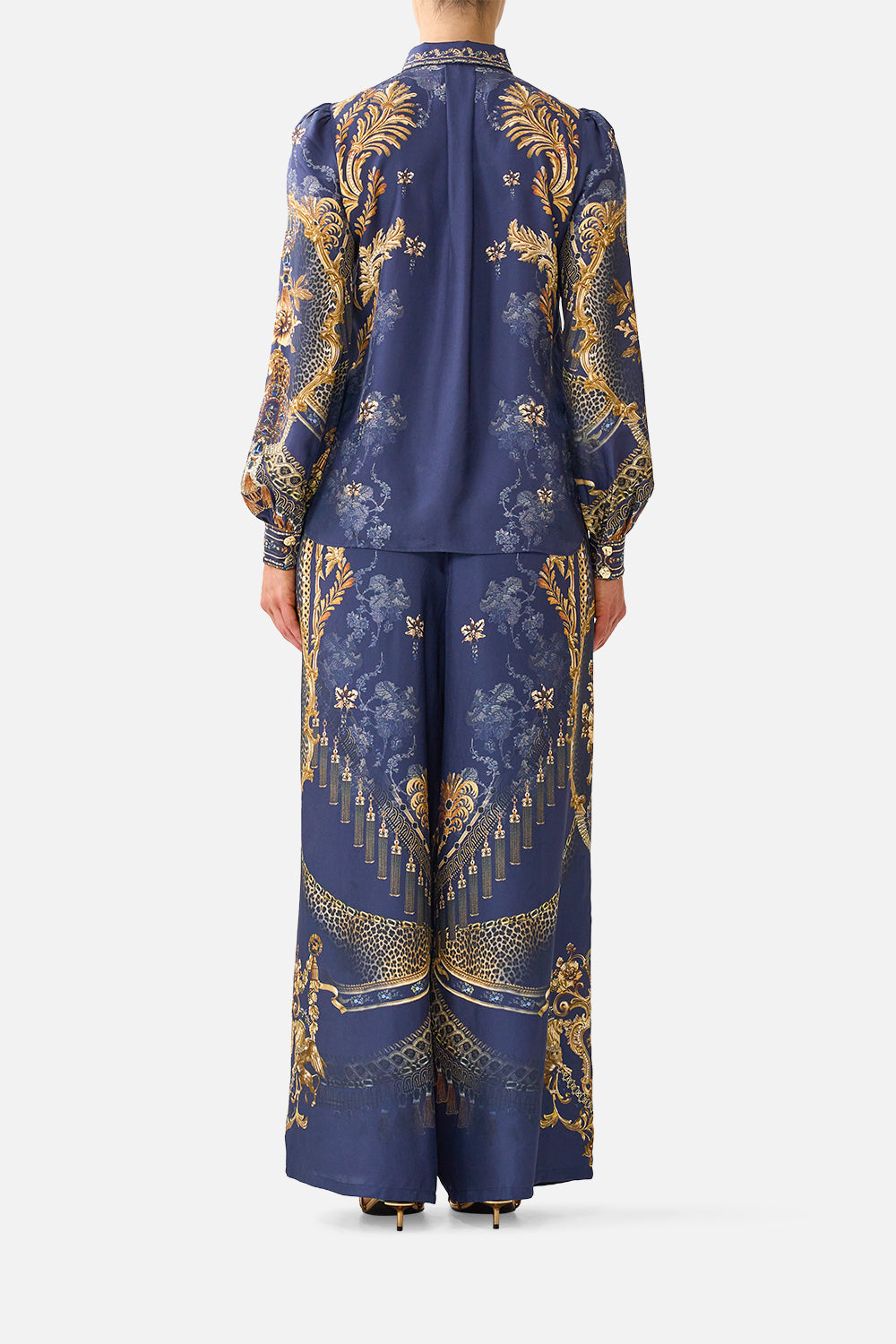 The CAMILLA Collared Shirt with Pintucks in our Cloaked in Baroque print, back view on model.