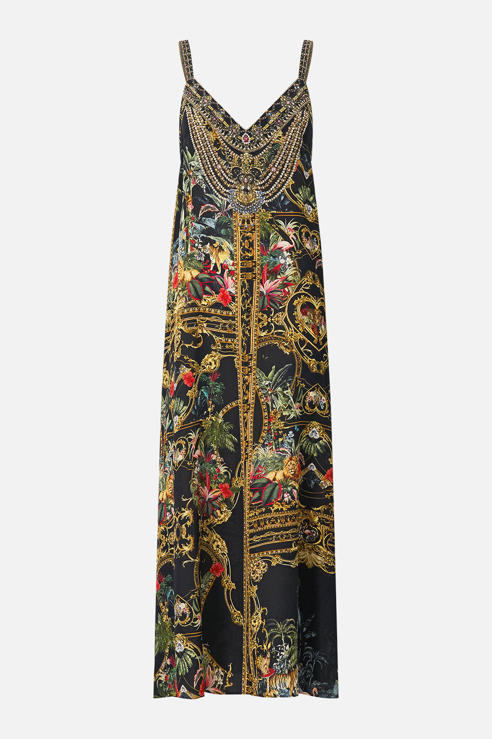 The CAMILLA V Neck Midi Slip Dress in our Palace Zoology print, front view.