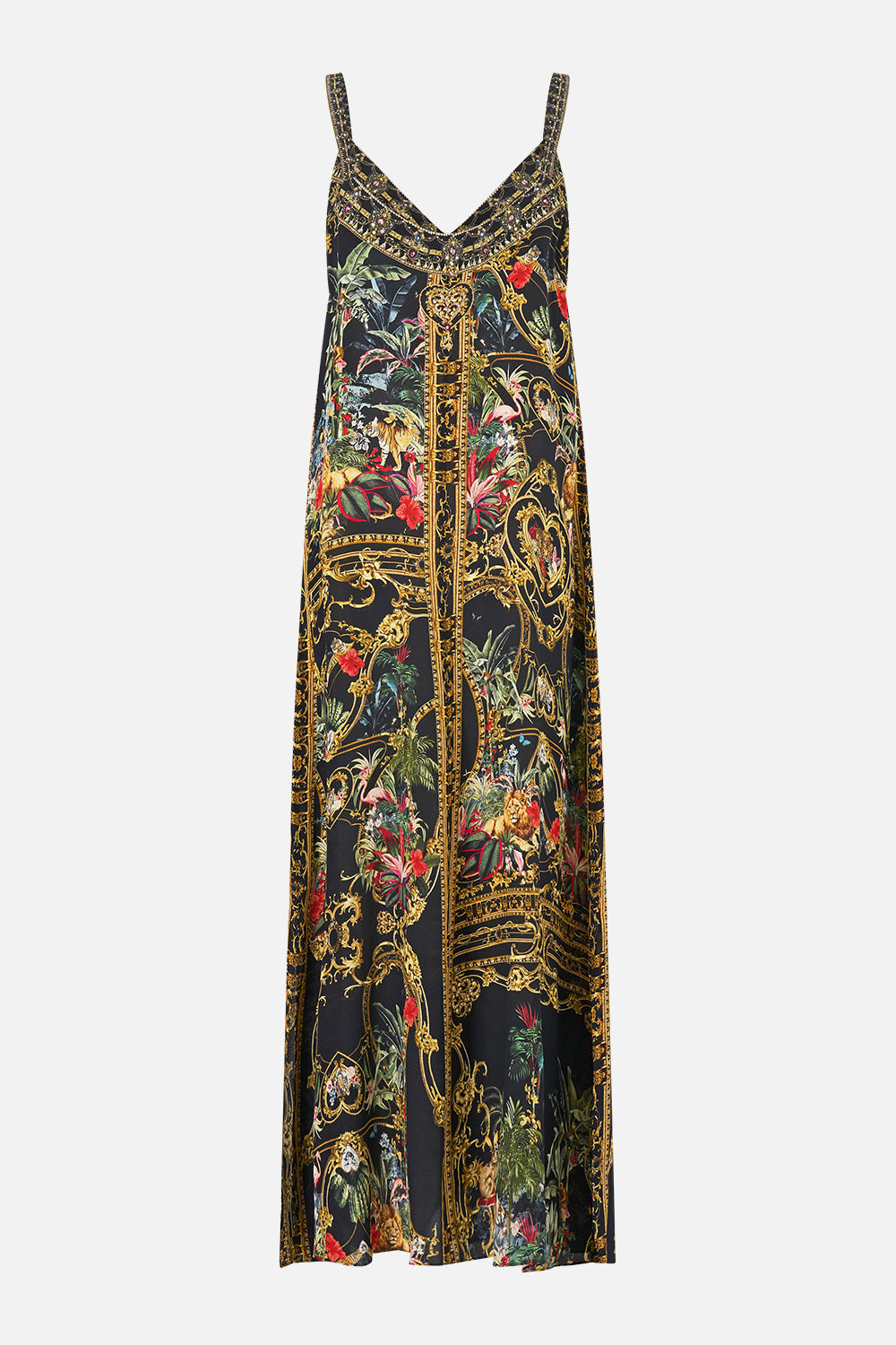 The CAMILLA V Neck Midi Slip Dress in our Palace Zoology print, back view.