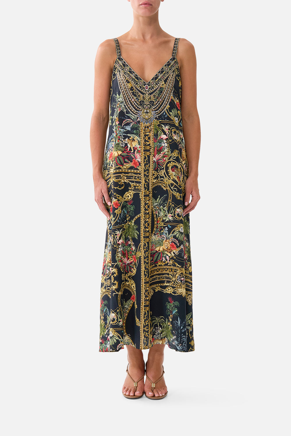 The CAMILLA V Neck Midi Slip Dress Palace Zoology in our Palace Zoology print.