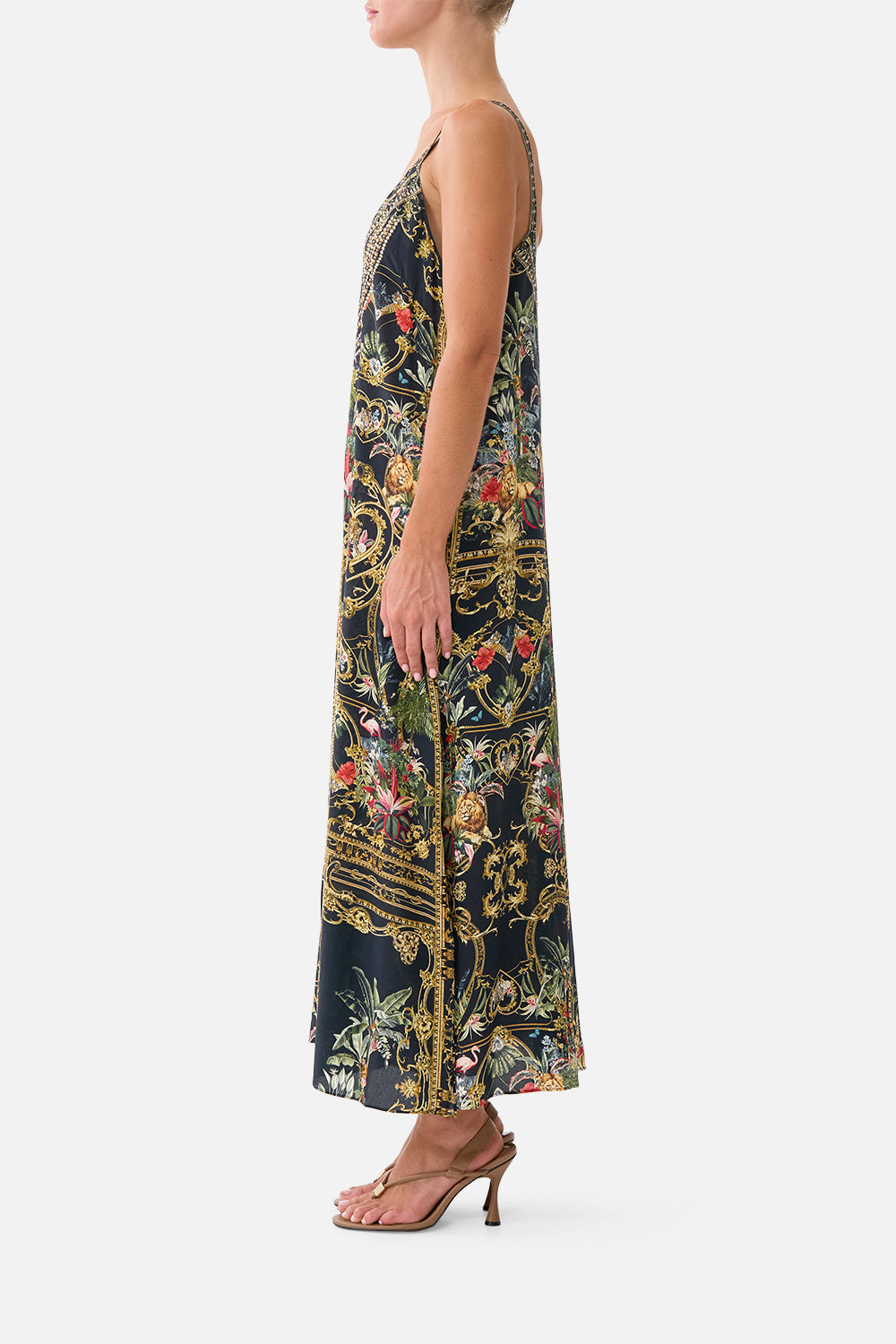 The CAMILLA V Neck Midi Slip Dress in our Palace Zoology print, side view on model.