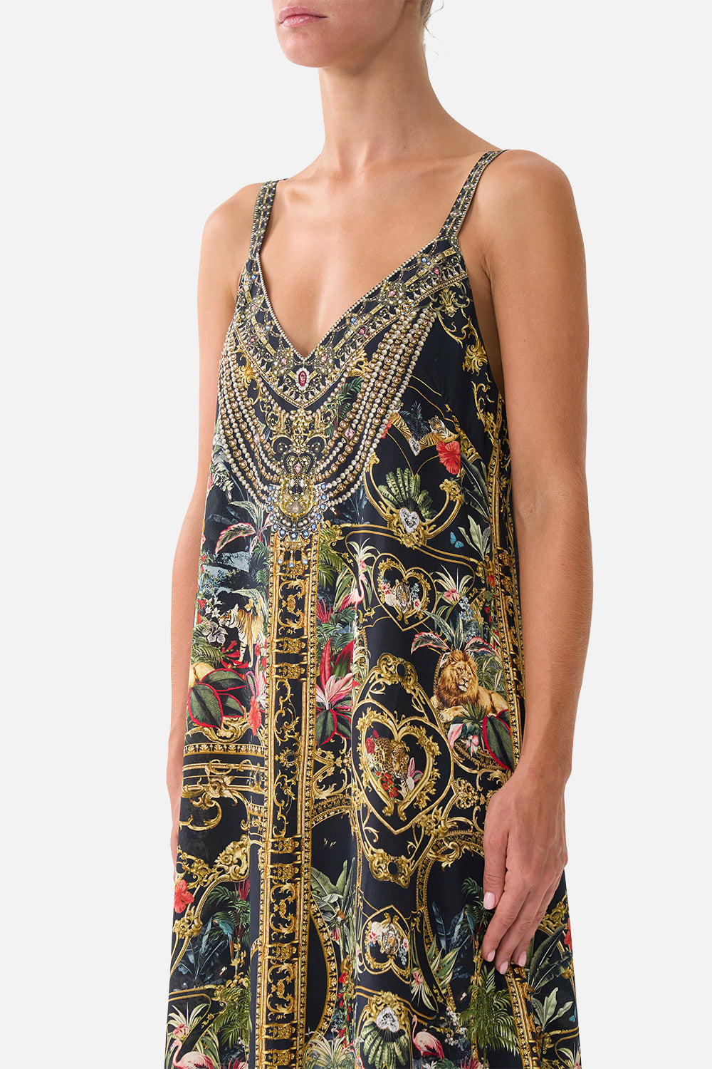 The CAMILLA V Neck Midi Slip Dress in our Palace Zoology print, detail view on model.