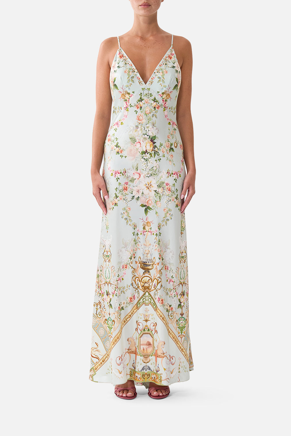 V NECK BIAS SLIP DRESS WITH BACK FRILL WILDFLOWER WUNDERLAND