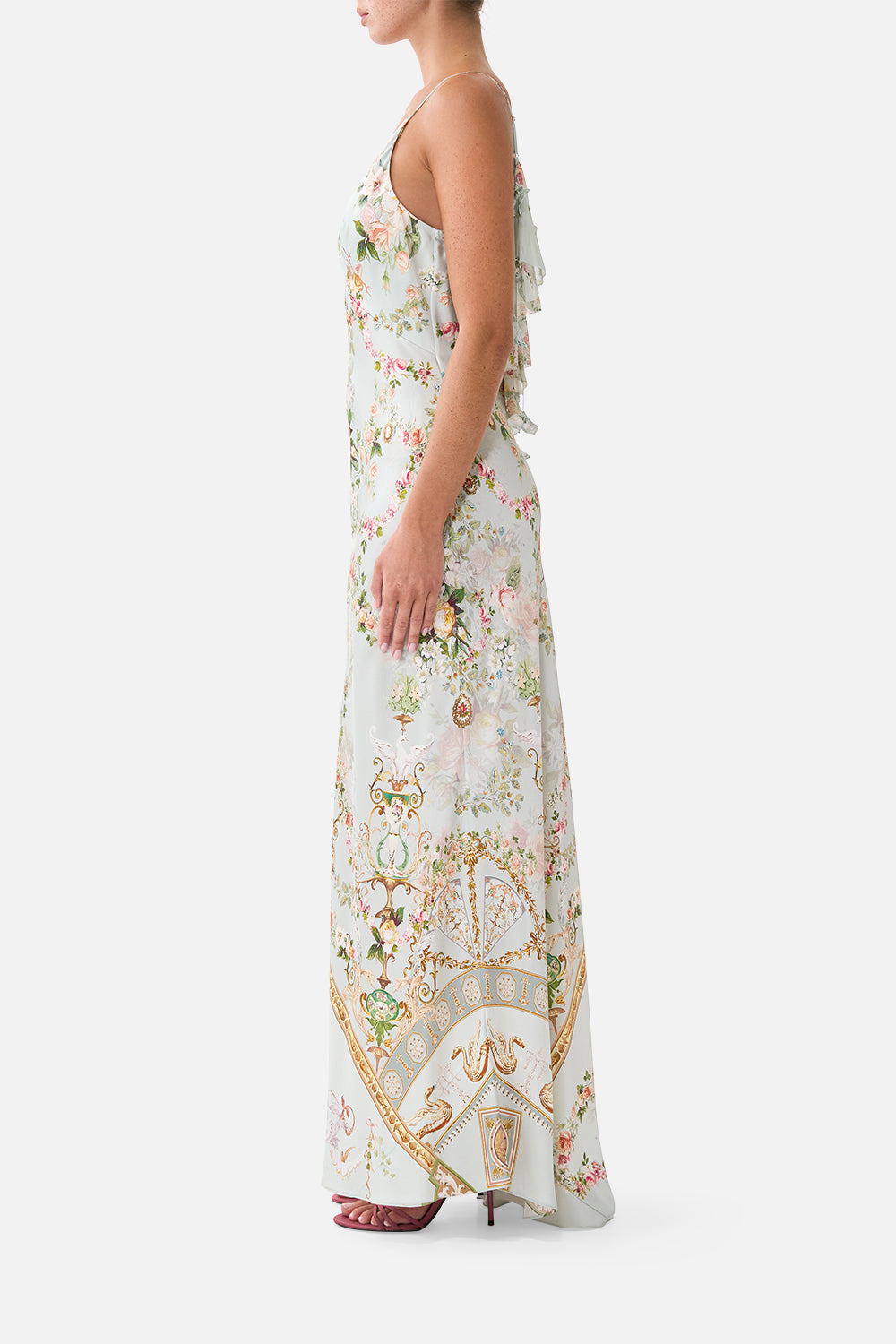 V NECK BIAS SLIP DRESS WITH BACK FRILL WILDFLOWER WUNDERLAND