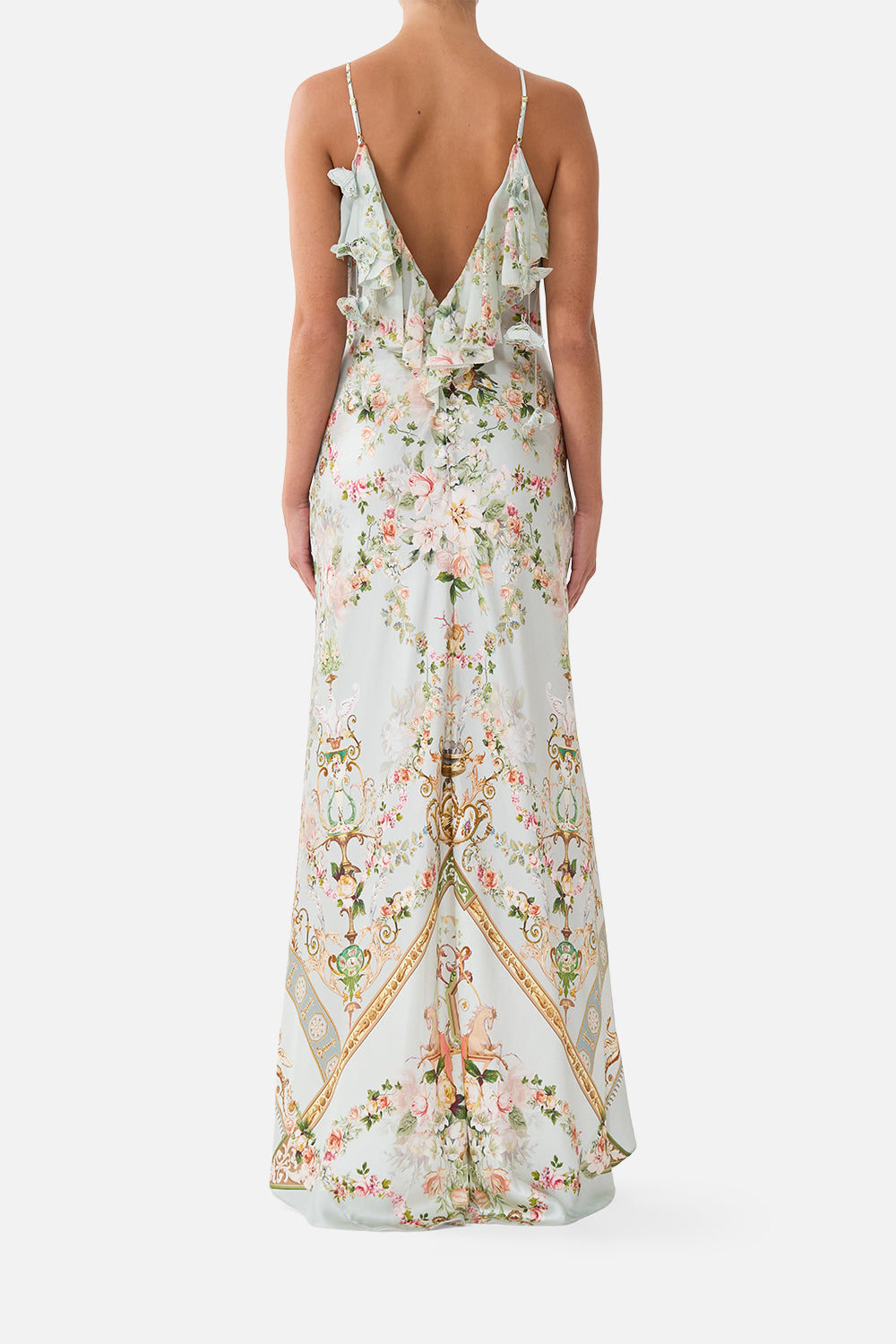 V NECK BIAS SLIP DRESS WITH BACK FRILL WILDFLOWER WUNDERLAND