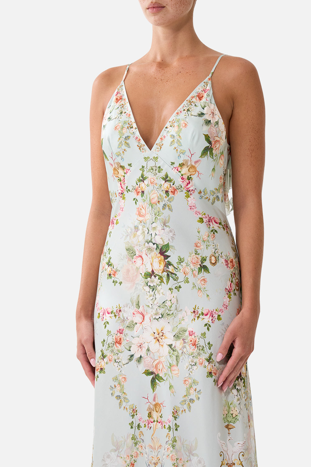 V NECK BIAS SLIP DRESS WITH BACK FRILL WILDFLOWER WUNDERLAND