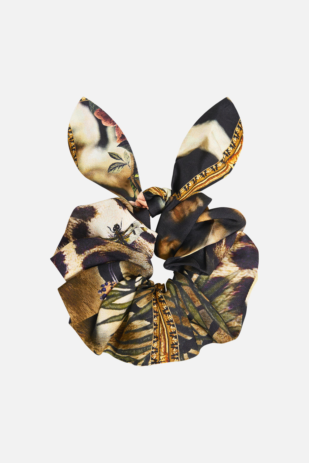 The CAMILLA Scrunchie with Tie in our Leotigra Land print, front view.