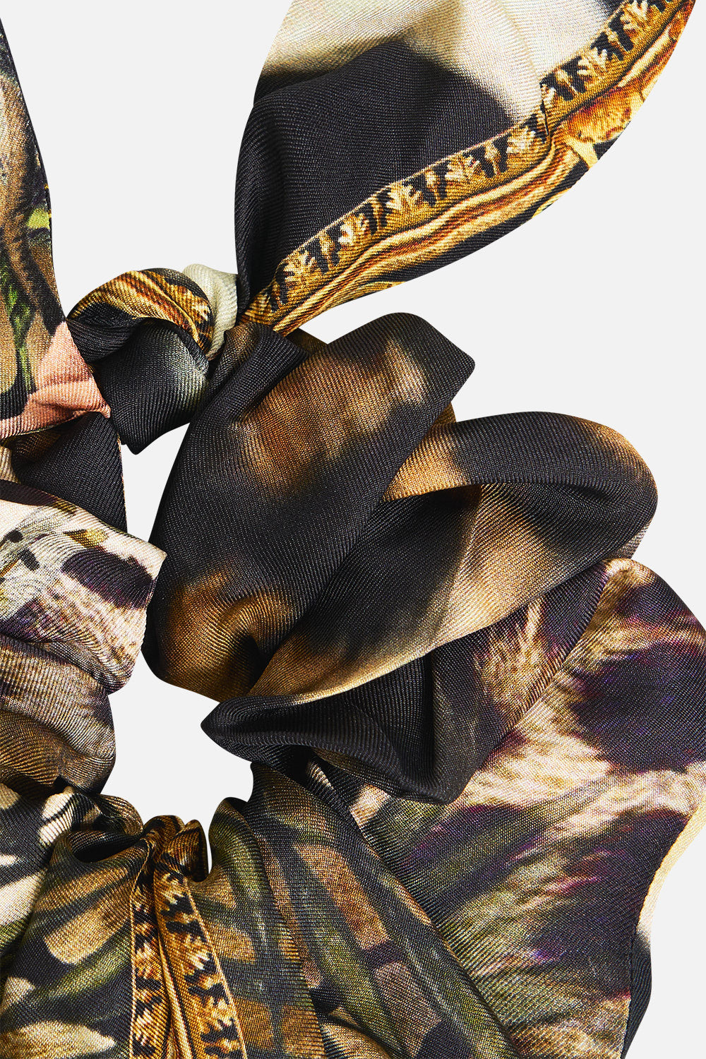The CAMILLA Scrunchie with Tie in our Leotigra Land print, back view.