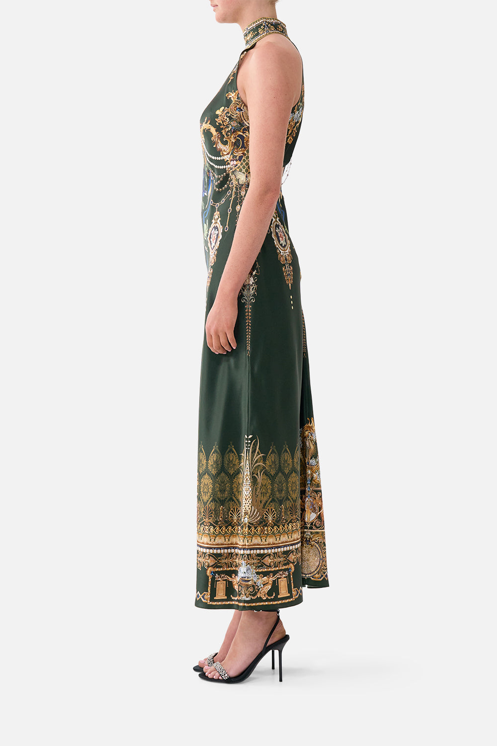 The CAMILLA High Neck Bias Dress in our The Secession Sessions print, side view on model.