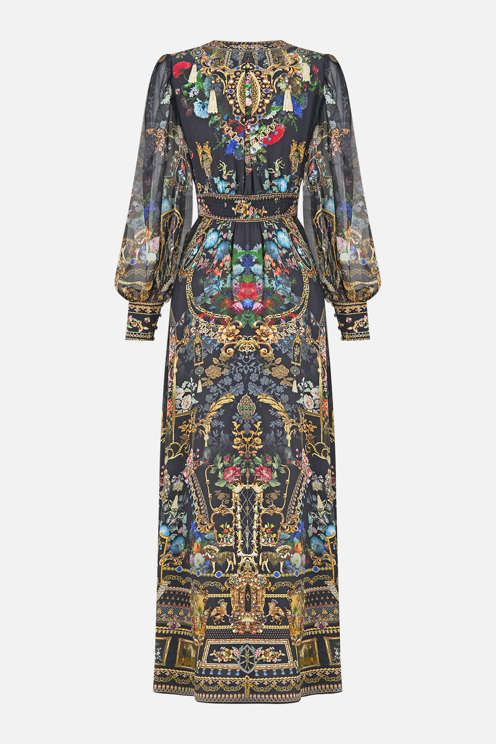 SHAPED WAISTBAND DRESS WITH GATHERED SLEEVES NIGHT GARDEN
