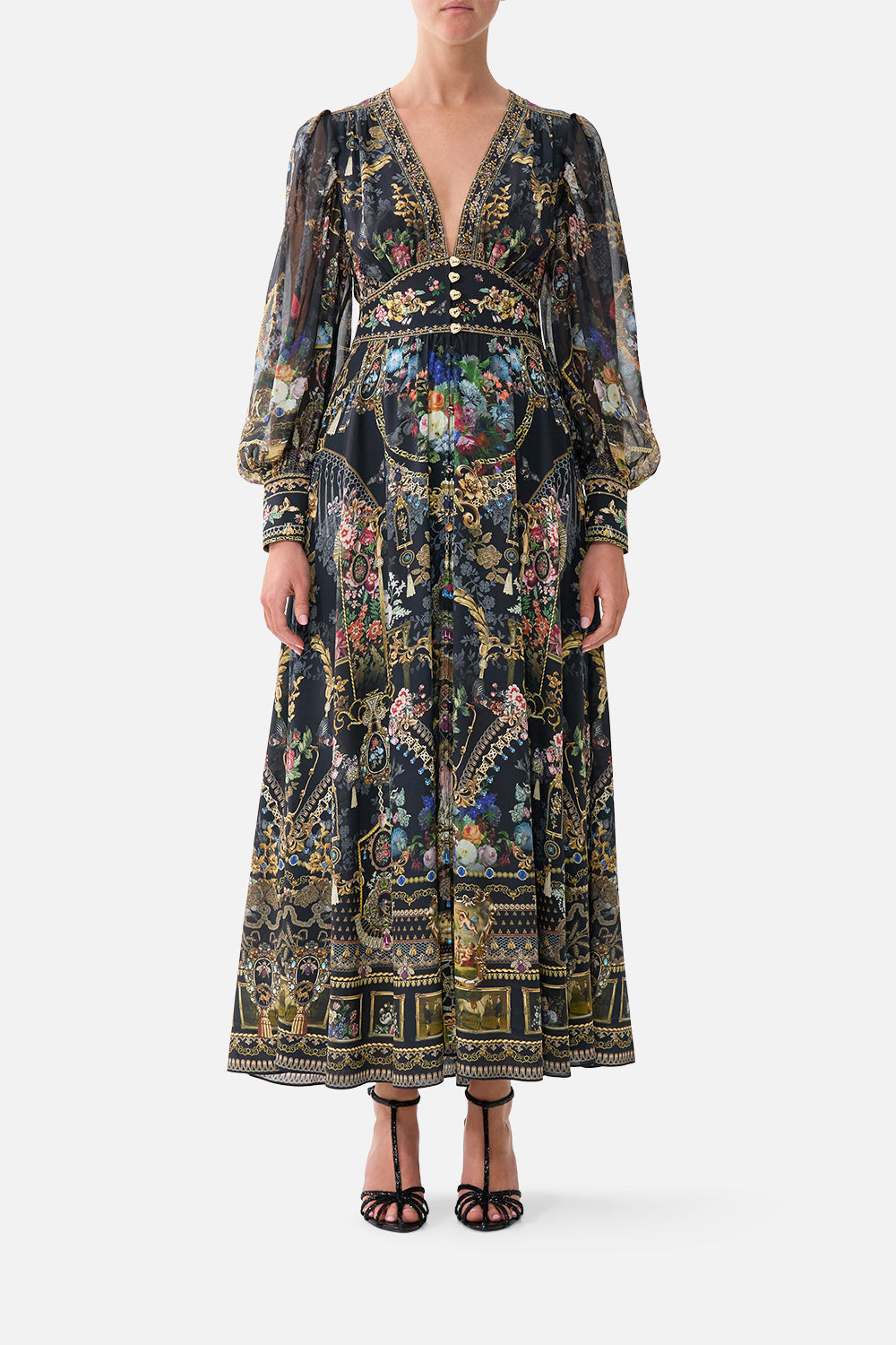 SHAPED WAISTBAND DRESS WITH GATHERED SLEEVES NIGHT GARDEN