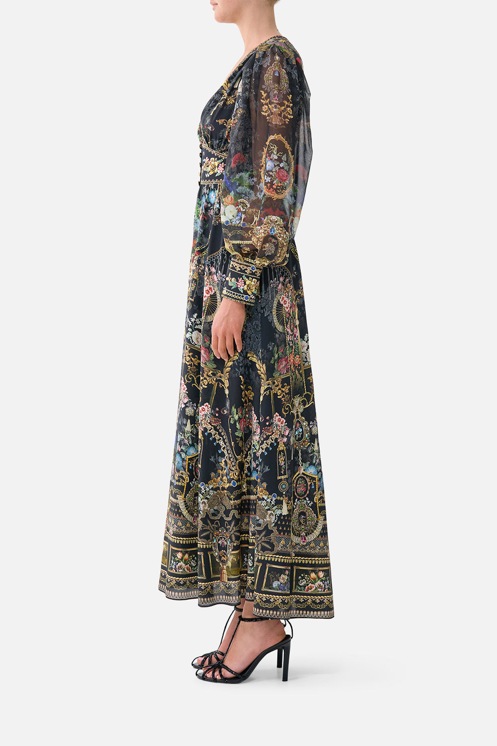 SHAPED WAISTBAND DRESS WITH GATHERED SLEEVES NIGHT GARDEN