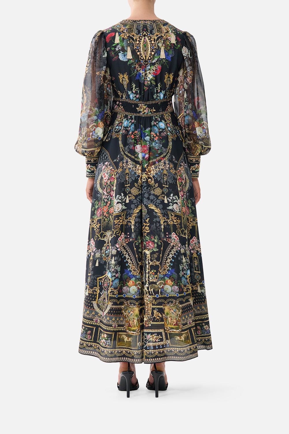 SHAPED WAISTBAND DRESS WITH GATHERED SLEEVES NIGHT GARDEN