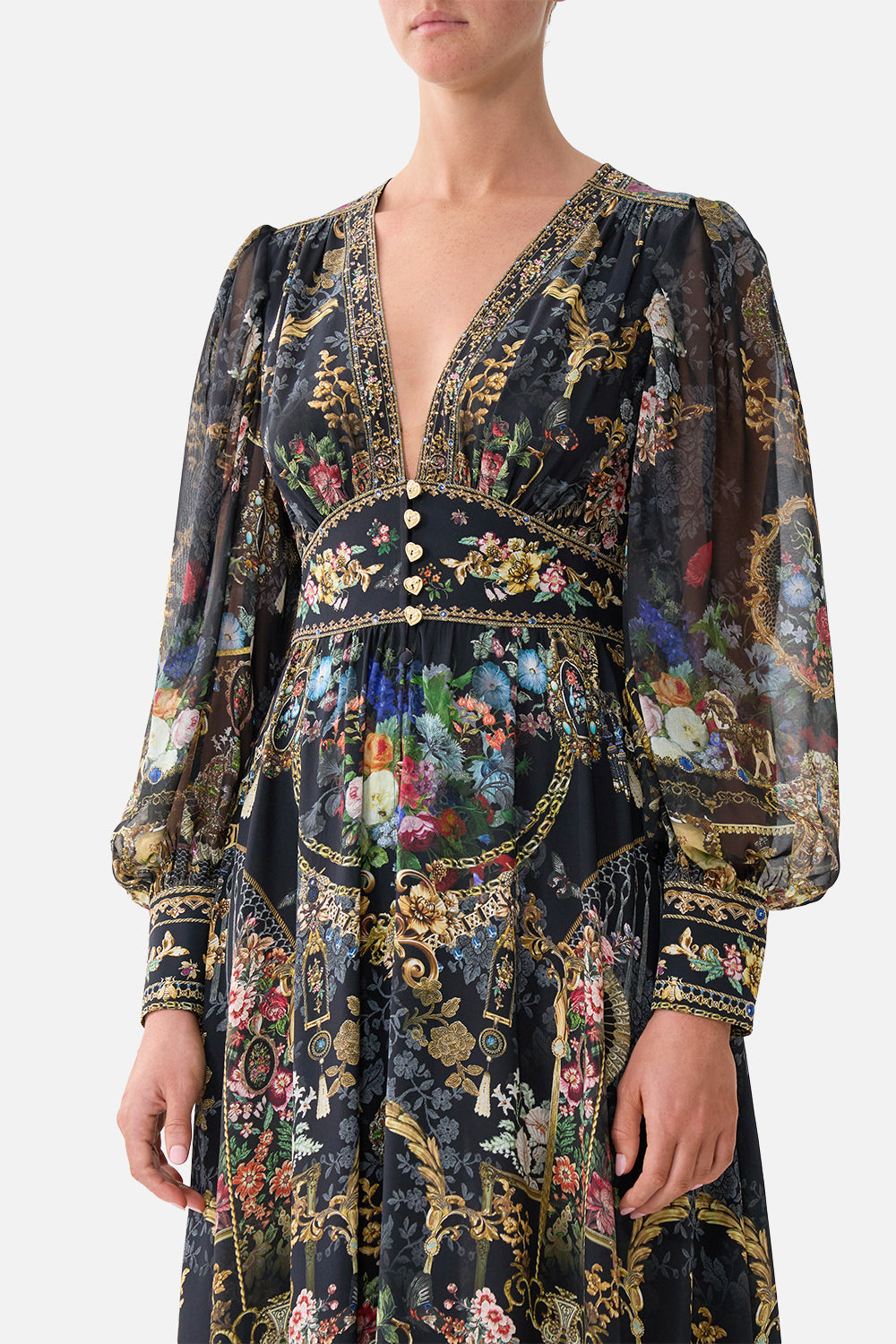SHAPED WAISTBAND DRESS WITH GATHERED SLEEVES NIGHT GARDEN