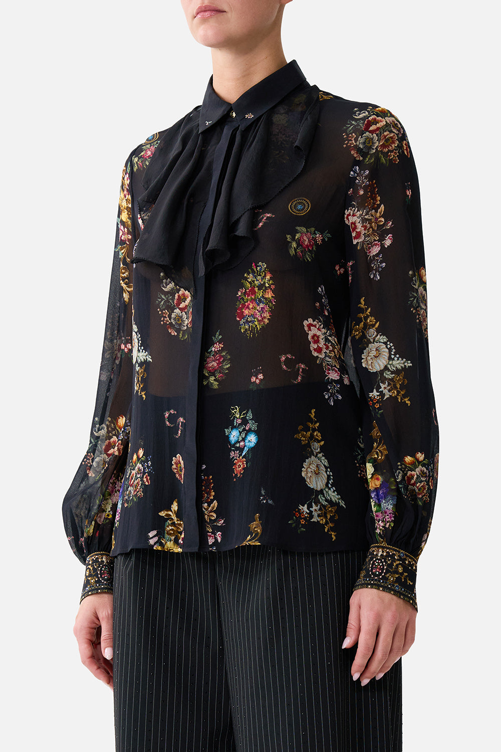COLLARED SHIRT WITH FRILL NECK DETAIL NIGHT GARDEN