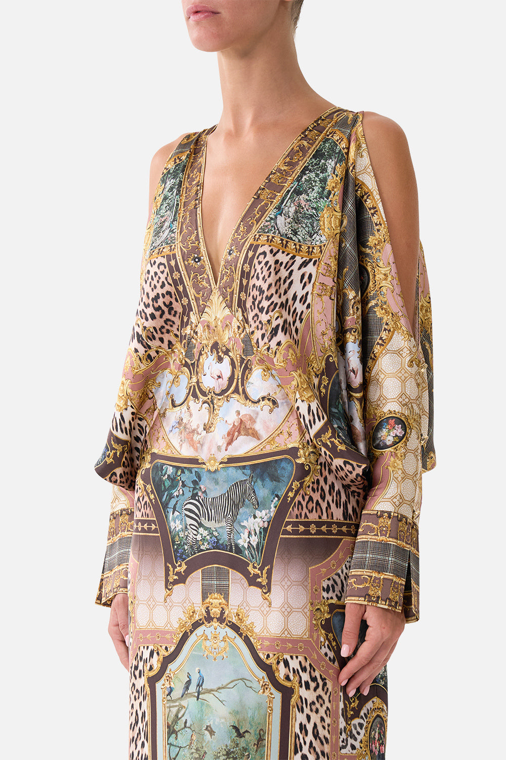 The CAMILLA PLUNGE NECK DRAPED SHOULDER DRESS ANIMALS IN THE PALACE