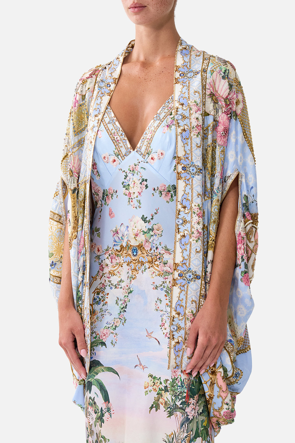 The CAMILLA Open Front Cardi Cape Sisi Society in our Sisi Society print.