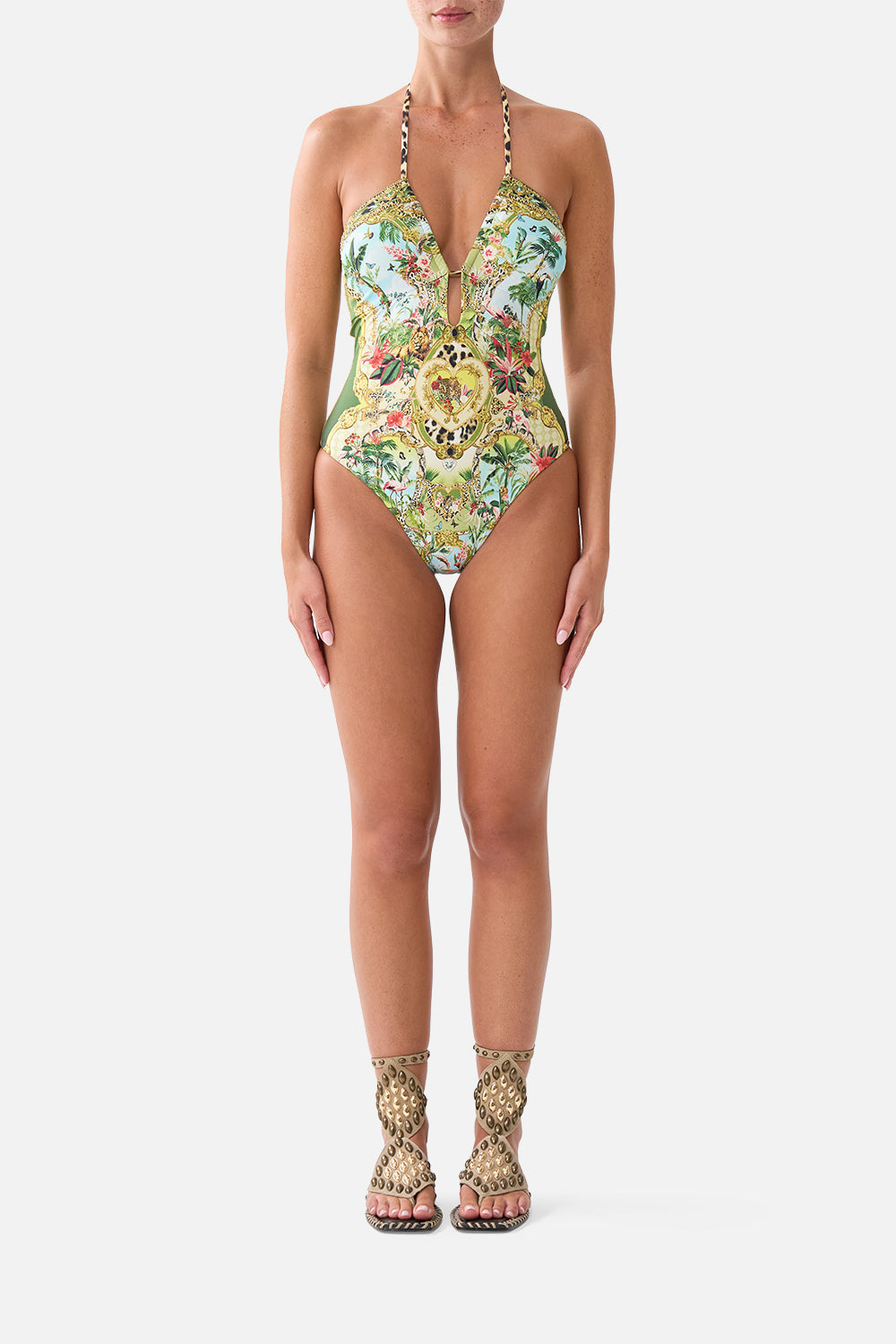 The CAMILLA Halter Neck Tie One Piece W/ Keyhole Wanderlust Empire in our Wanderlust Empire print.