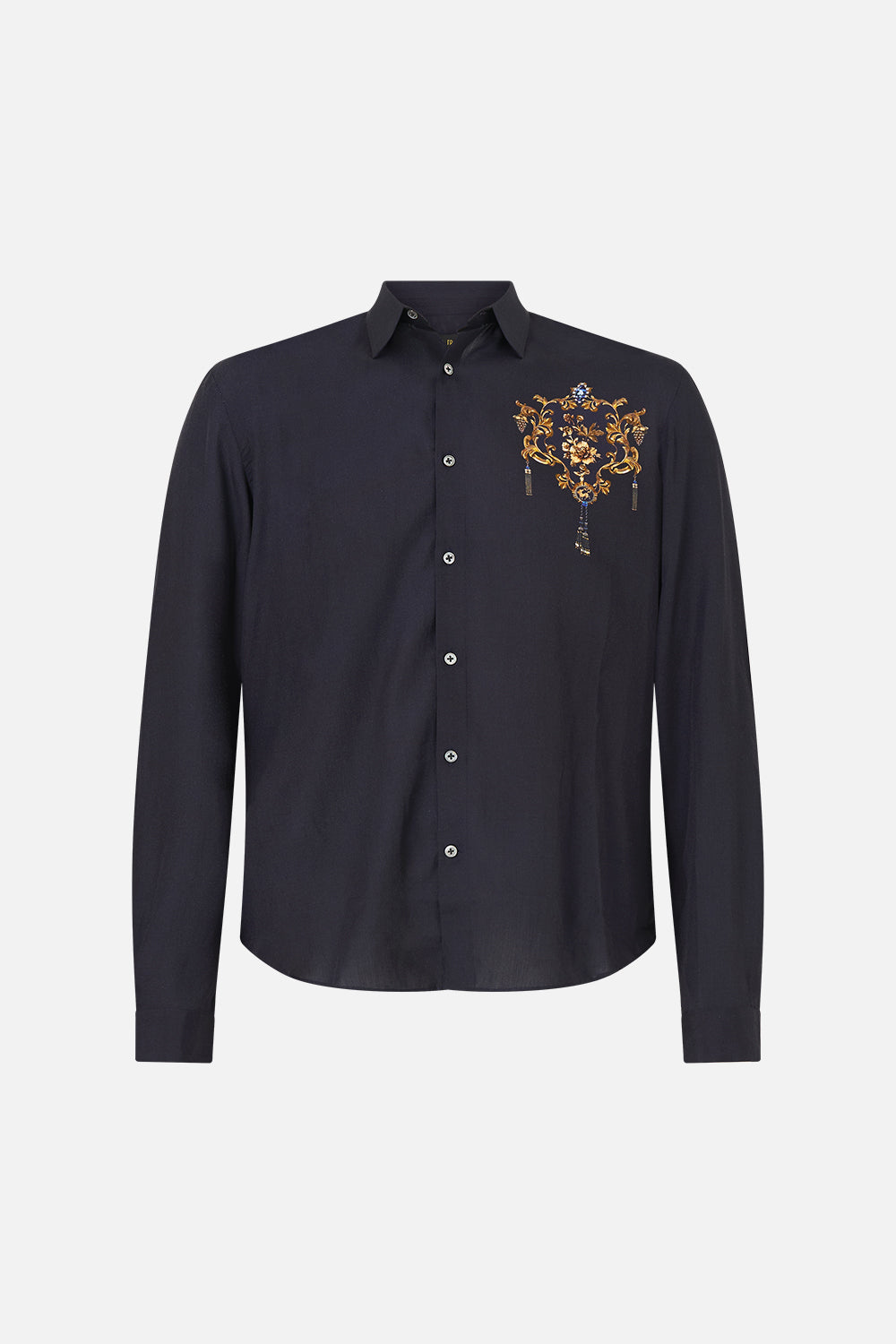 The CAMILLA Long Sleeve Collared Shirt in our Cloaked in Baroque print, front view.