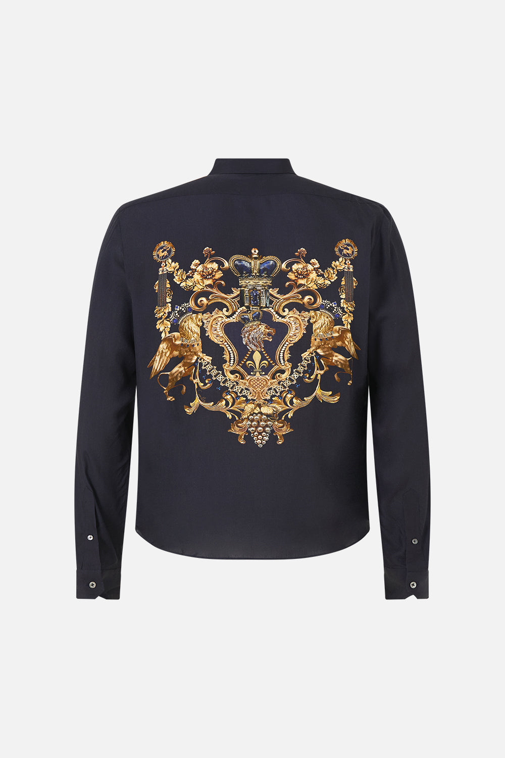 The CAMILLA Long Sleeve Collared Shirt in our Cloaked in Baroque print, back view.