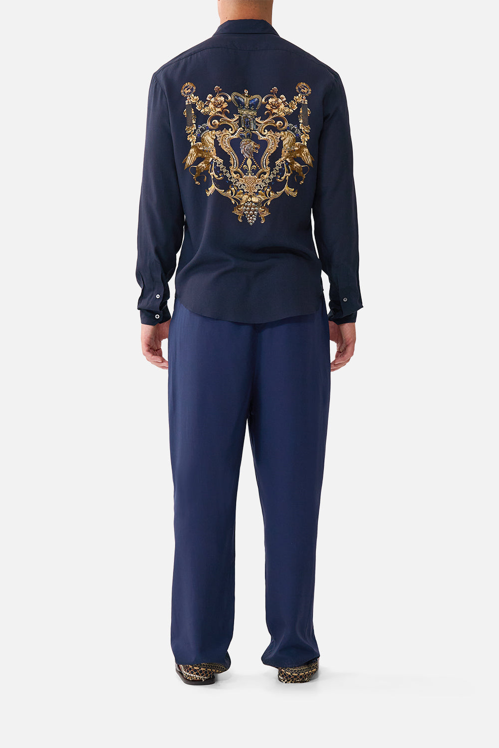 The CAMILLA Long Sleeve Collared Shirt in our Cloaked in Baroque print, back view on model.