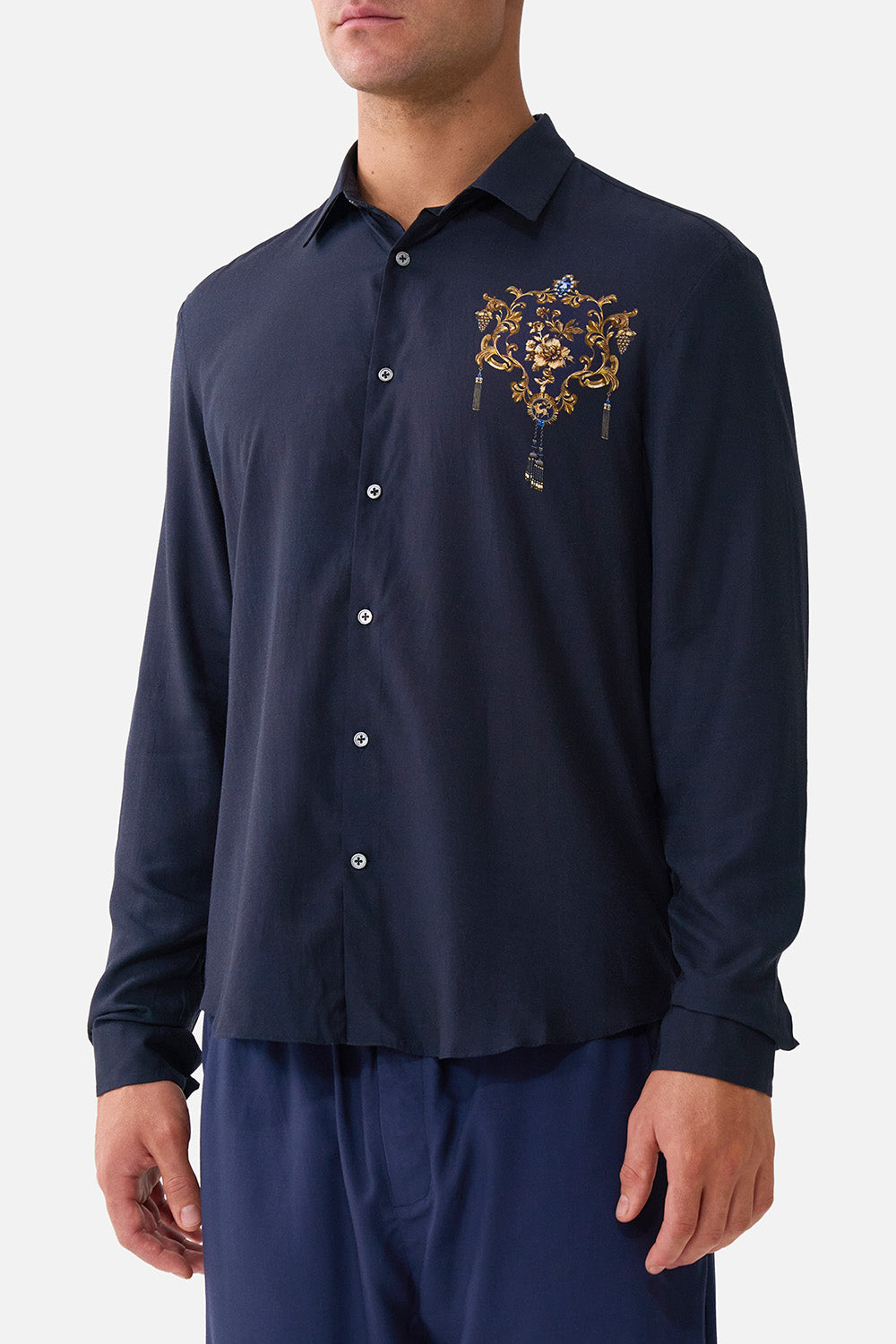 The CAMILLA Long Sleeve Collared Shirt in our Cloaked in Baroque print, detail view on model.
