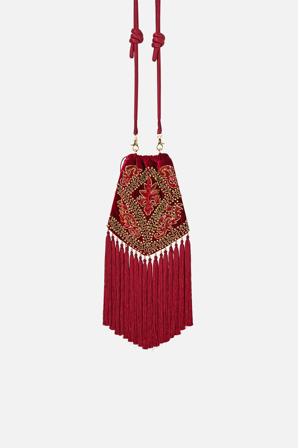 The CAMILLA Drawstring Tassel Bag in our Call Me a Carriage print, front view.