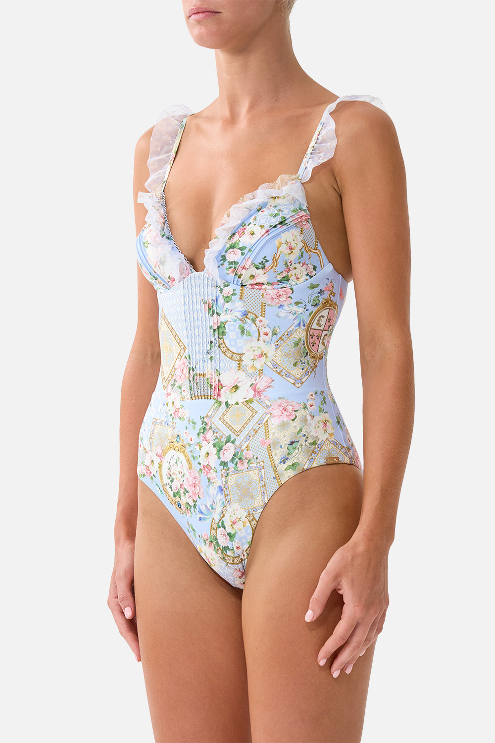 The CAMILLA Frill Tri One Piece W/ Pin Tucks Sisi Society in our Sisi Society print.