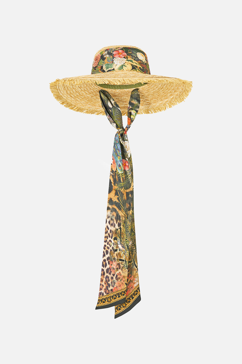 The CAMILLA Large Raffia Sun Hat Leotigra Land in our Leotigra Land print.