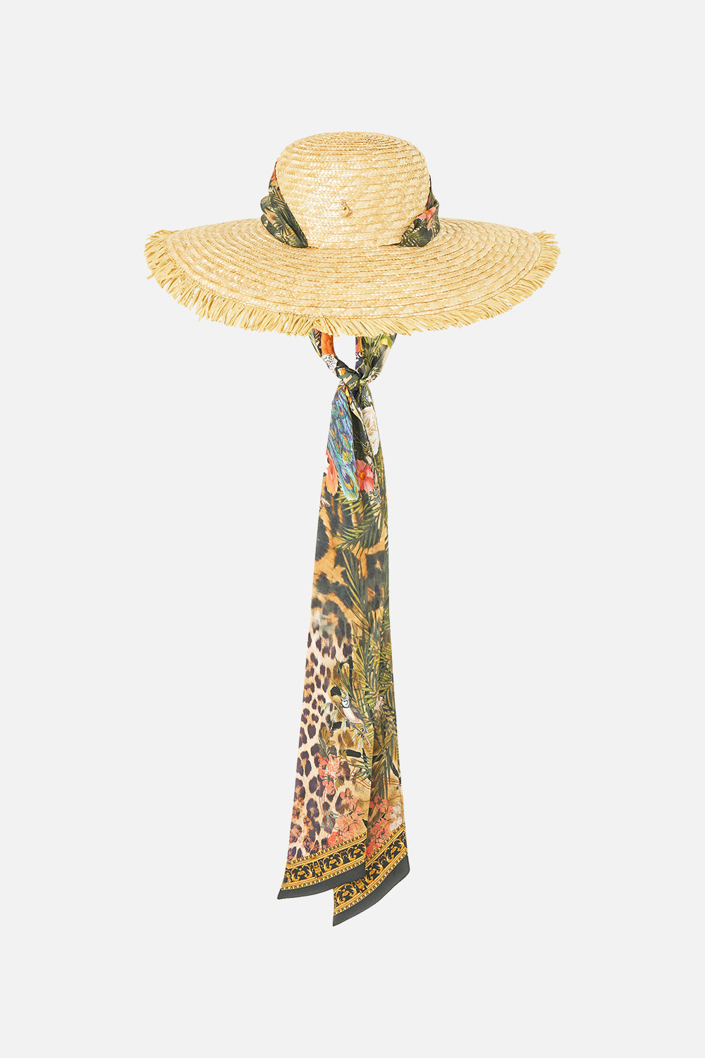 The CAMILLA Large Raffia Sun Hat Leotigra Land in our Leotigra Land print.