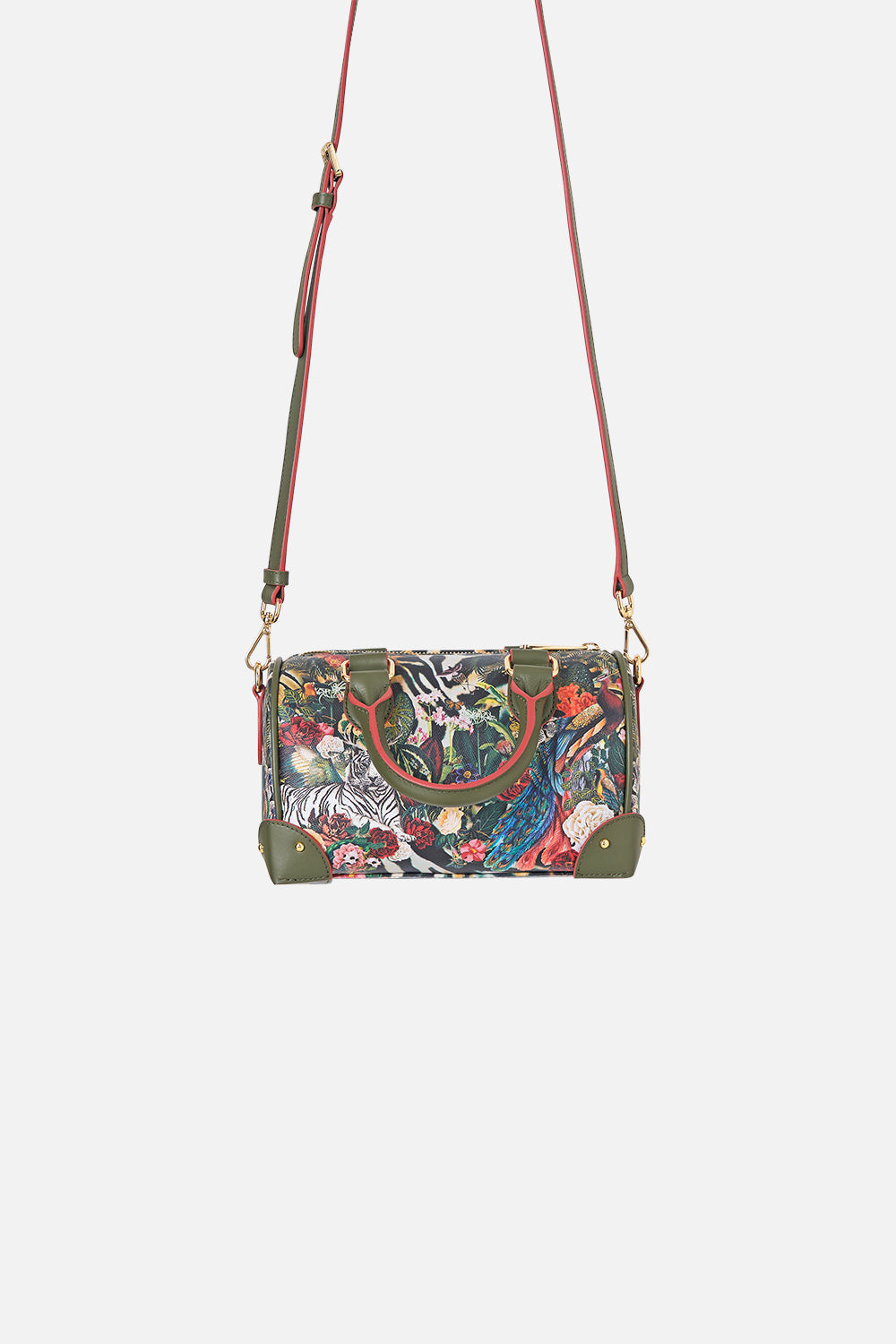 The CAMILLA Barrel Bag With Leather Trims Leotigra Land in our Leotigra Land print.