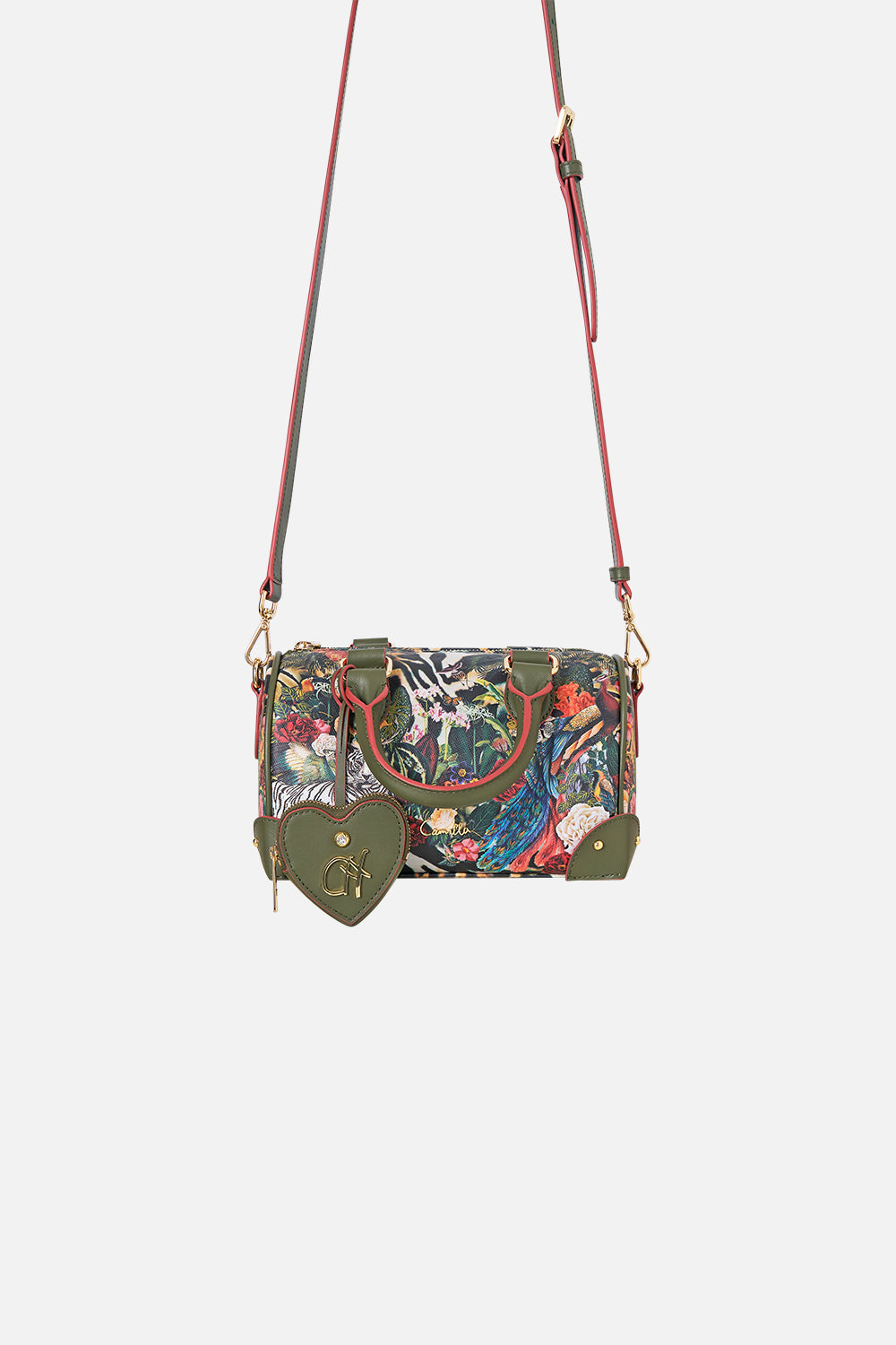 The CAMILLA Barrel Bag with Leather Trims in our Leotigra Land print, front view.
