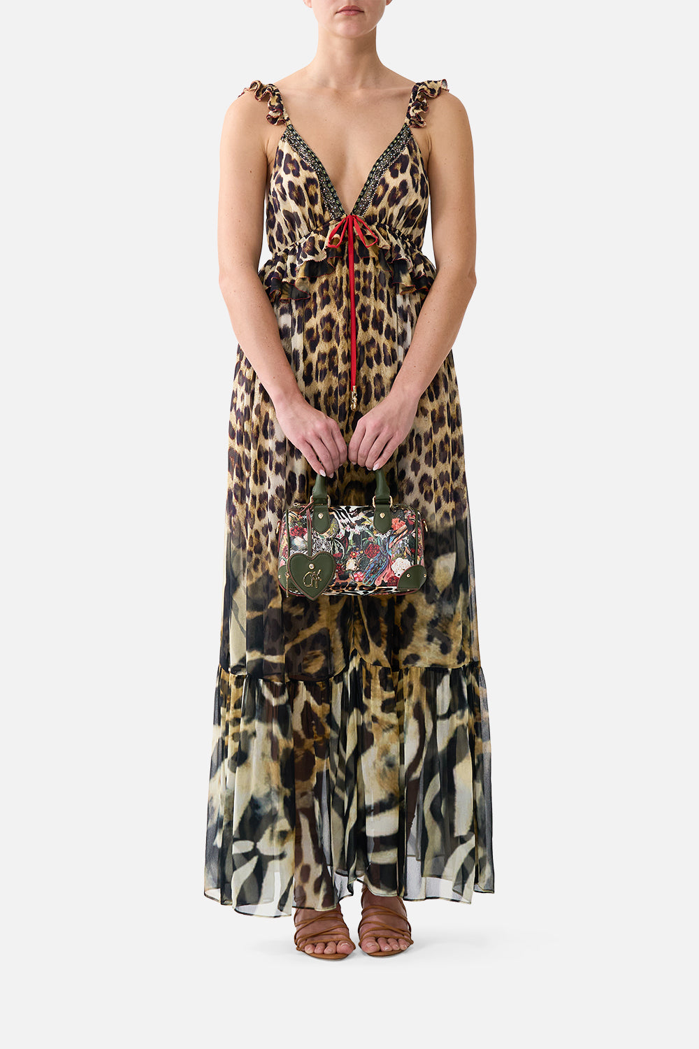 The CAMILLA Barrel Bag with Leather Trims in our Leotigra Land print, front view on model.