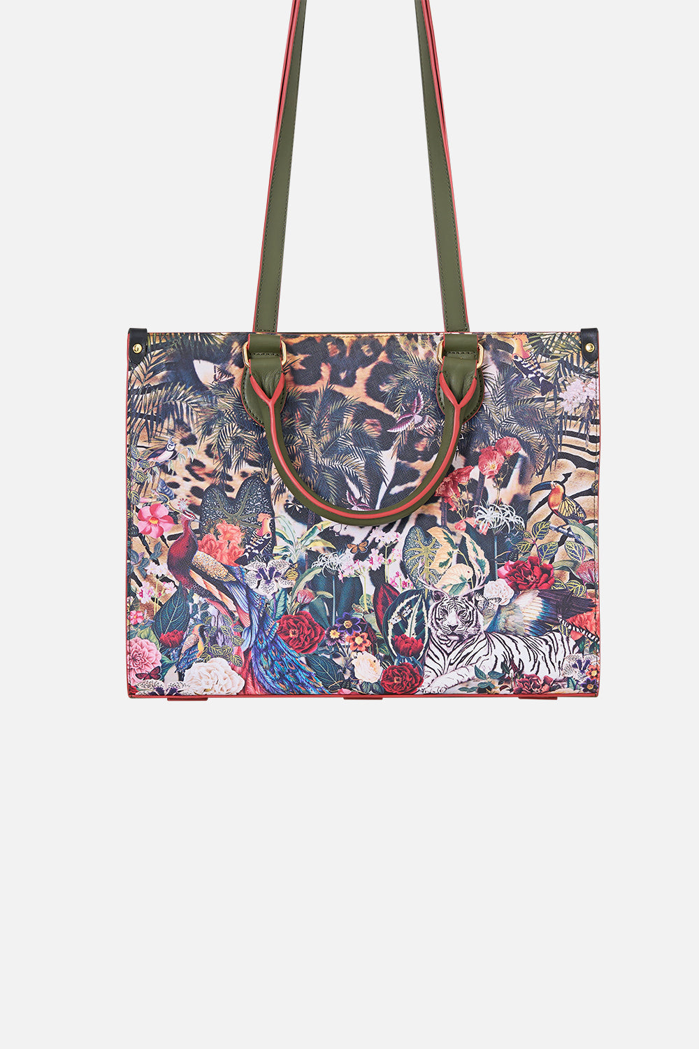 The CAMILLA East West Tote With Leather Trims Leotigra Land in our Leotigra Land print.