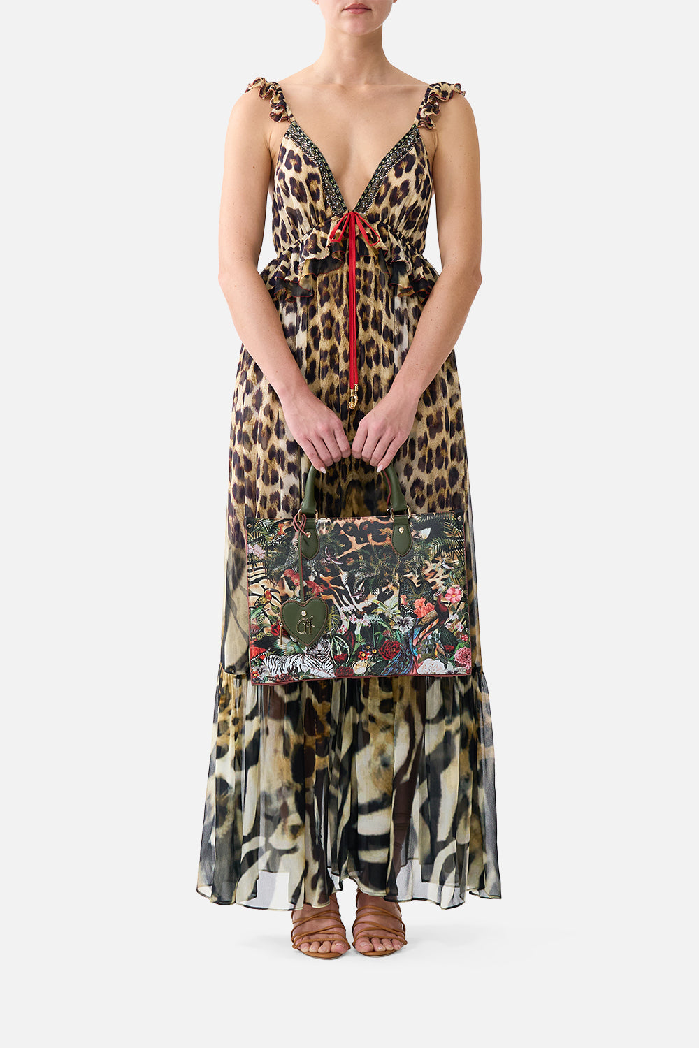 The CAMILLA East West Tote with Leather Trims in our Leotigra Land print, front view on model.