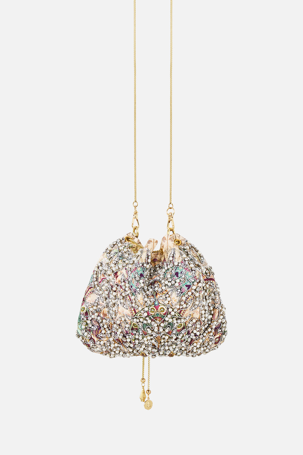 The CAMILLA Drawstring Pouch Bag with Chain Strap in our A Meeting of Masterpieces print, back view.