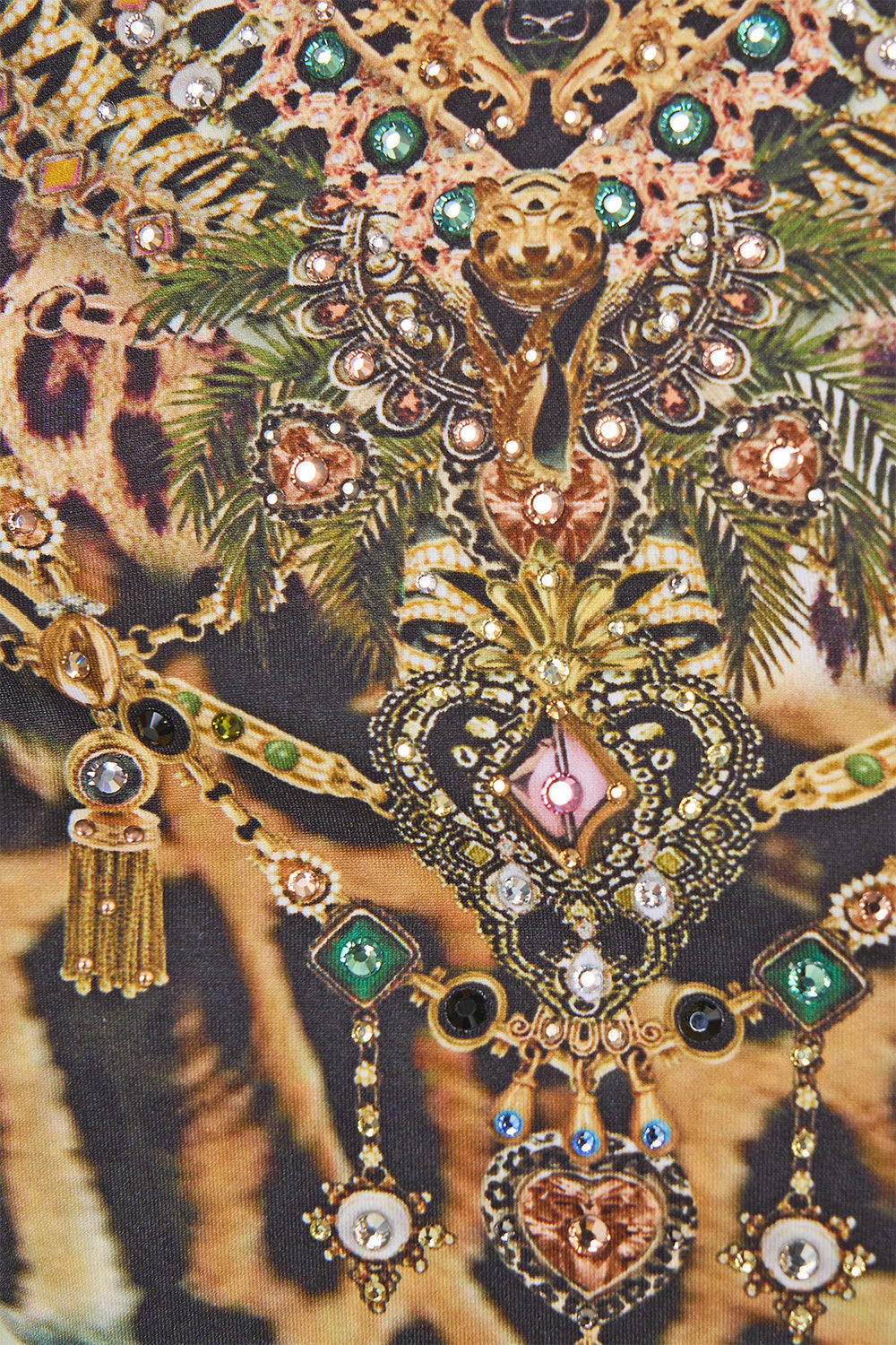 The CAMILLA Padded V Neck Cross Back One Piece Leotigra Land in our Leotigra Land print.