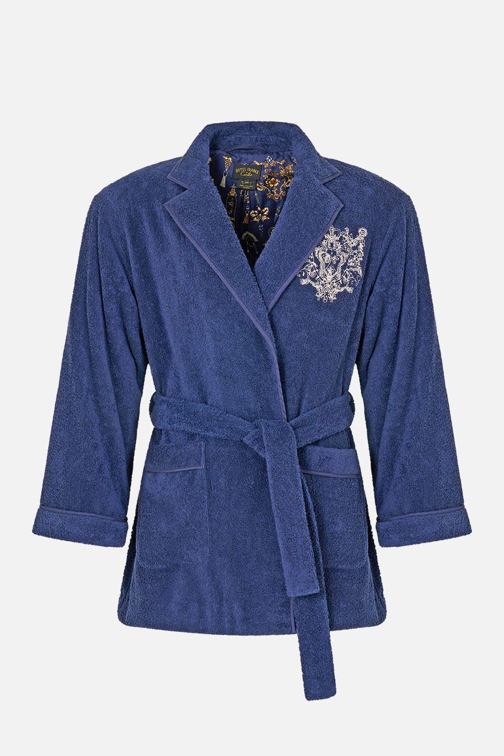 The CAMILLA Mid Length Robe in our Cloaked in Baroque print, front view.