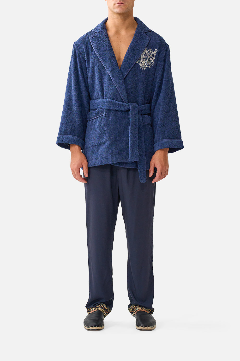 The CAMILLA Mid Length Robe in our Cloaked in Baroque print, front view on model.