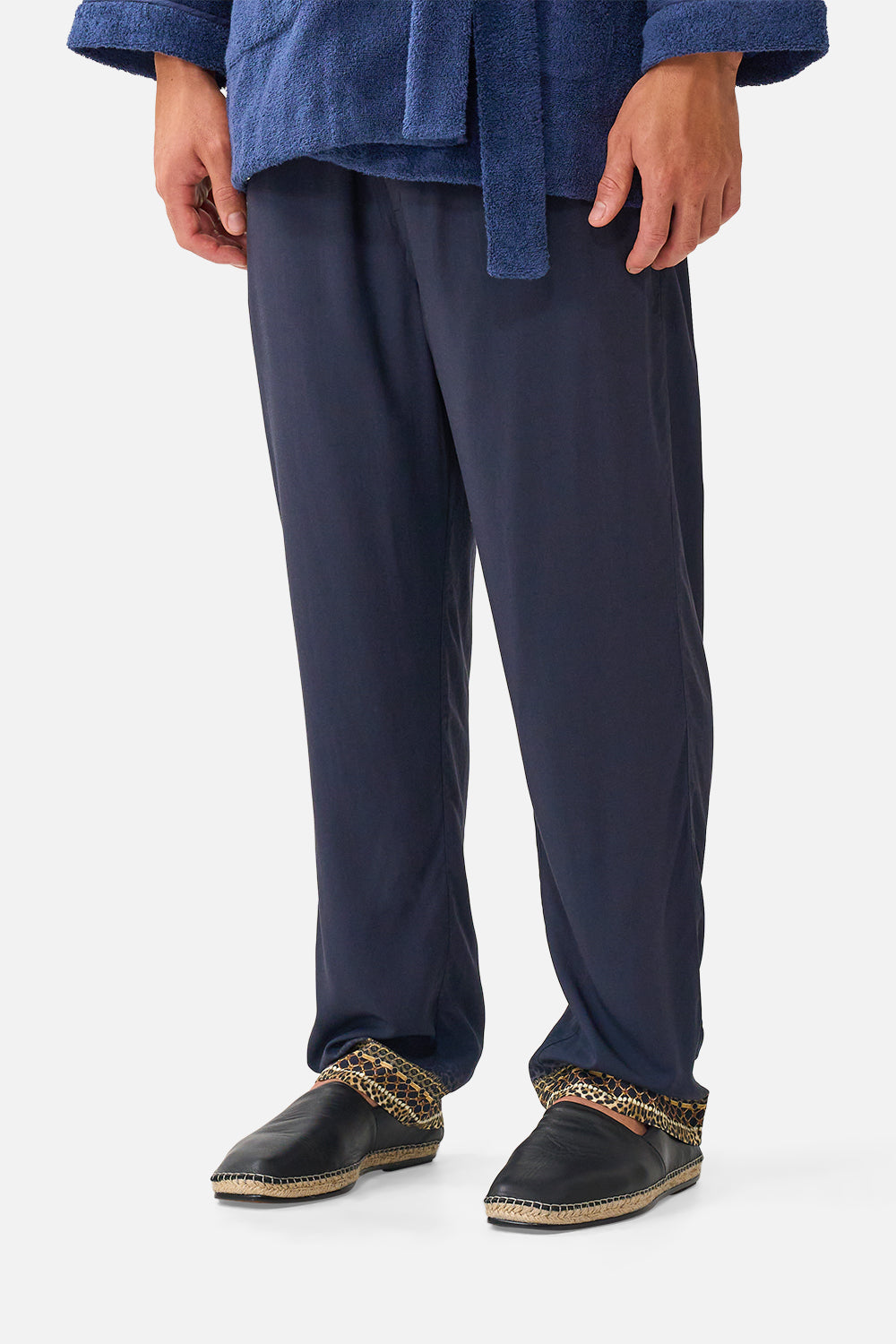 The CAMILLA Tapered Elasticated Lounge Pant in our Cloaked in Baroque print, detail view on model.