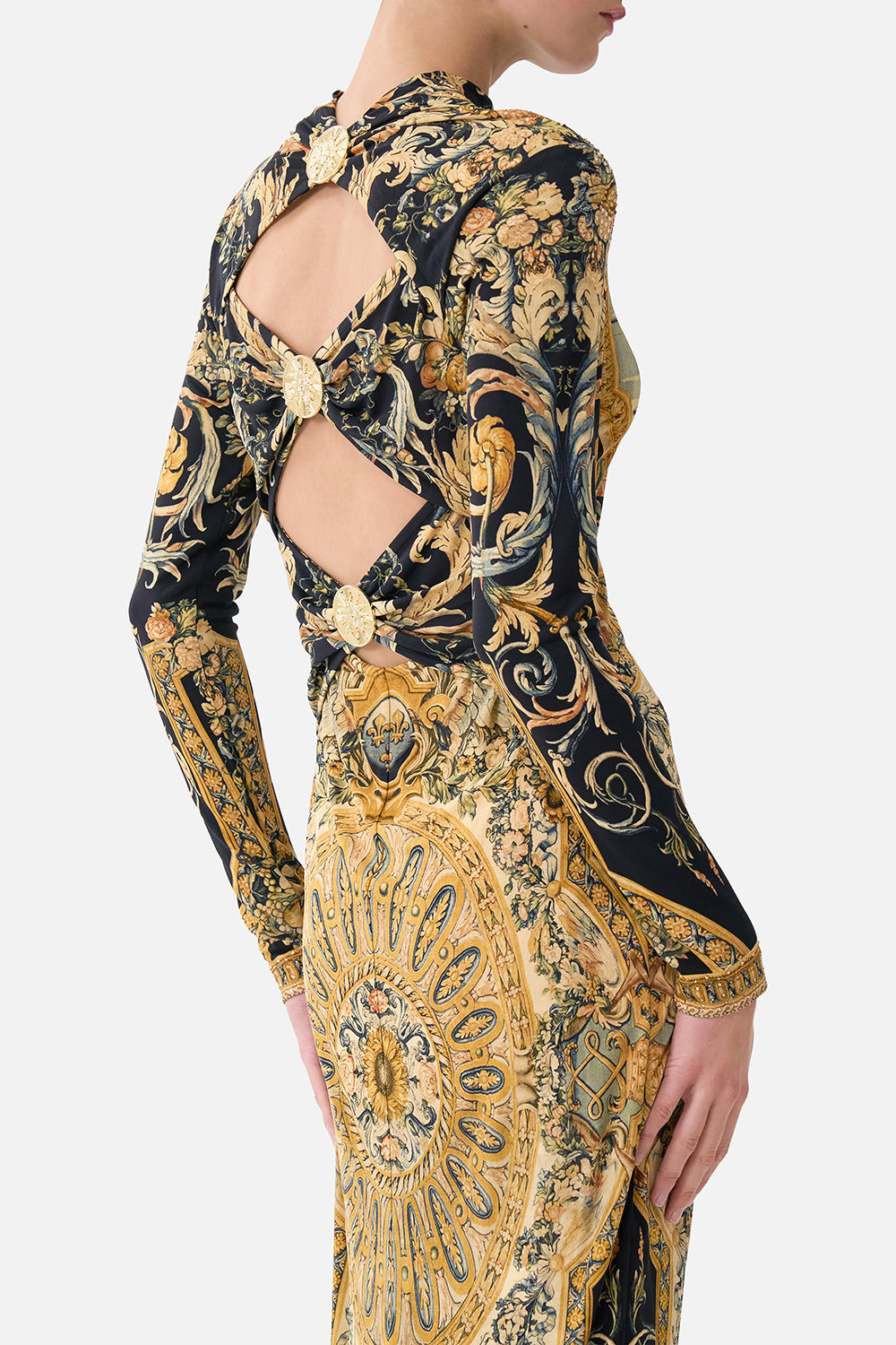 The CAMILLA JERSEY TURTLENECK NIGHT GARDEN in our  print.