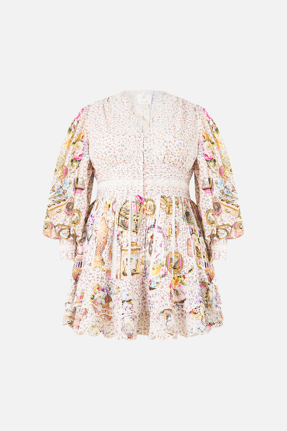 The CAMILLA Button Front Frill Dress in our In The Heart Of Art print.